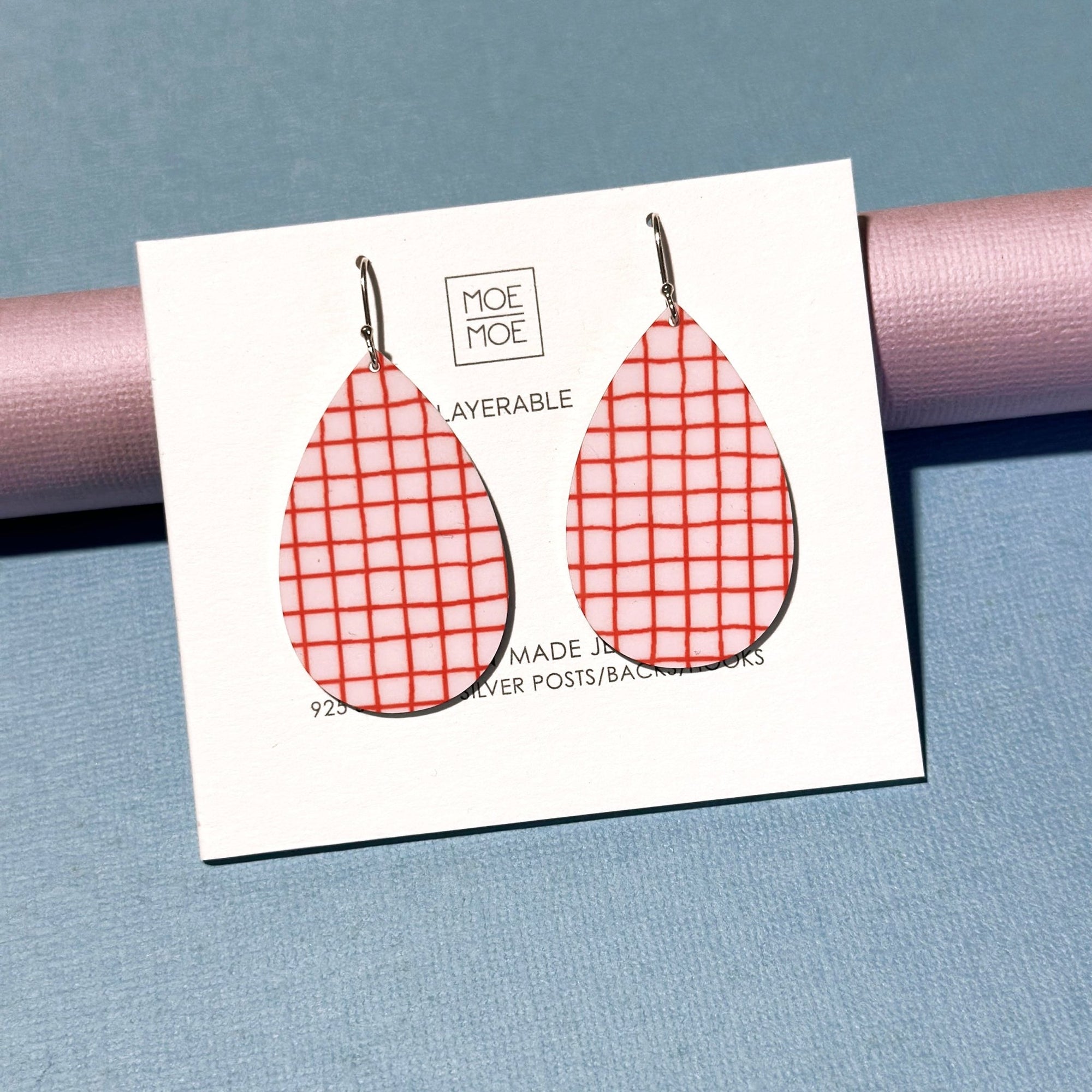 Red and Pink Grid Medium Tear Drop Earrings